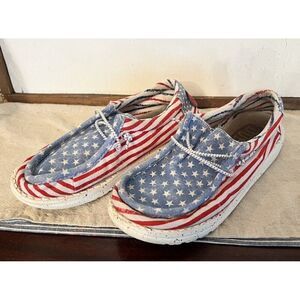 Hey Dude Wally Shoes Youth 3 Womens 5 Stars and Stripes Bungee Red White Blue